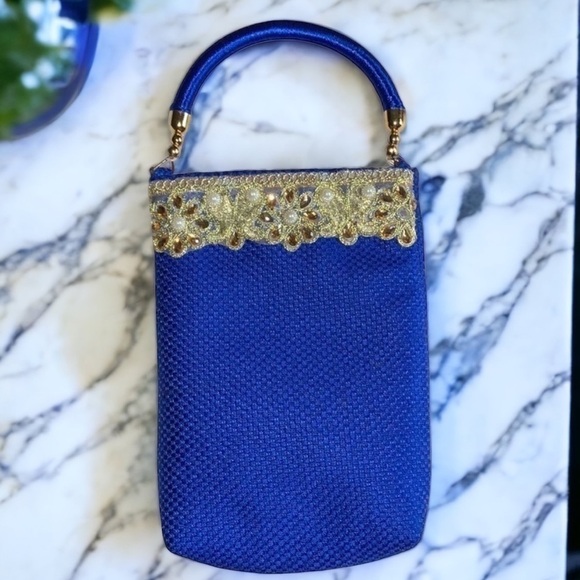 ROYAL Blue Mini Bag with Gold & Pearl Embellishments - Picture 7 of 7